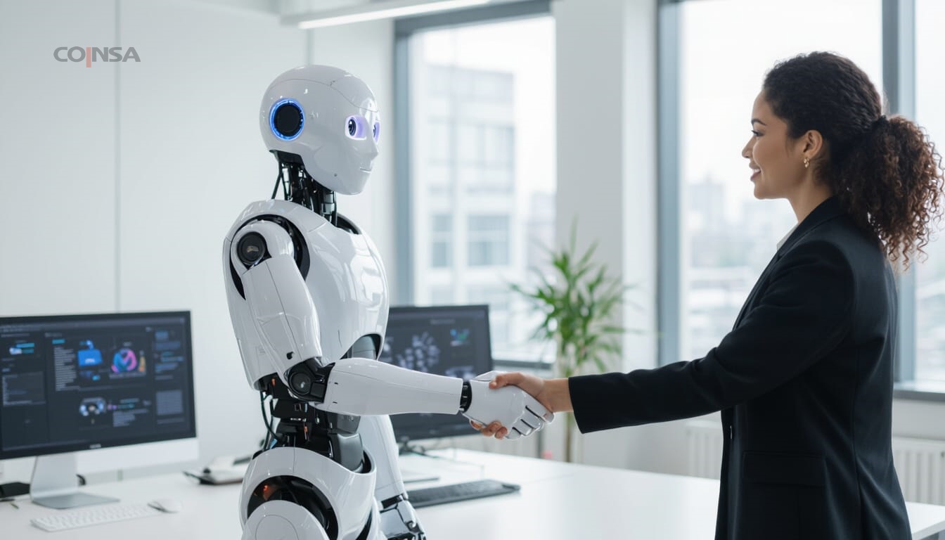 Un robot saluda de mano a una ejecutiva 